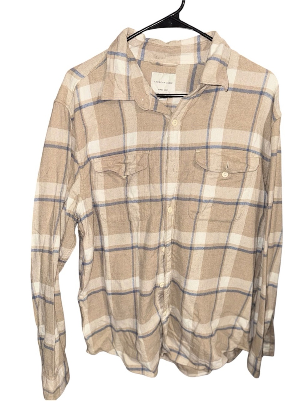 American Eagle Outfitters Tan and White Plaid Button-Up Shirt with Blue Accents